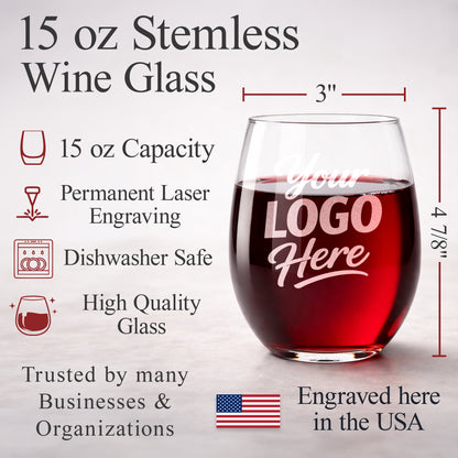 Custom 15 oz Stemless Wine Glass With Company Logo – Laser Engraved