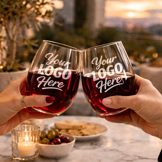 Custom 15 oz Stemless Wine Glass With Company Logo – Laser Engraved