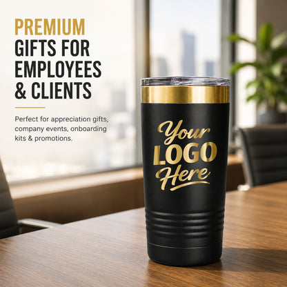 20 oz Gold Tumbler With Company Logo – Custom Engraved