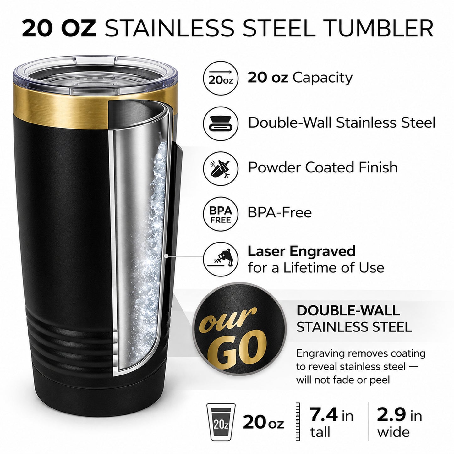 20 oz Gold Tumbler With Company Logo – Custom Engraved