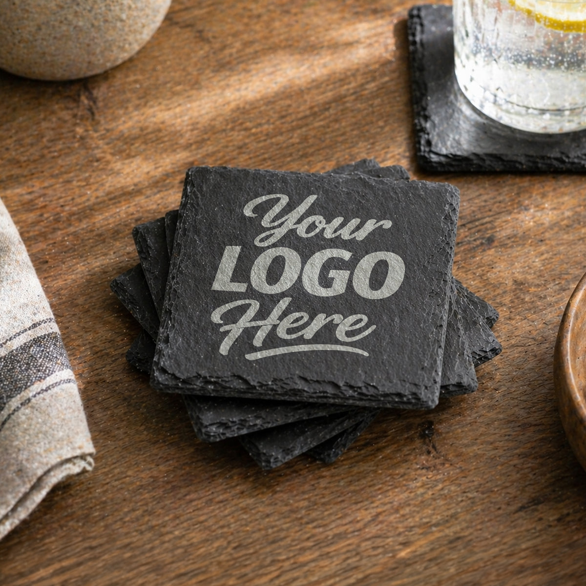 Custom Square Slate Coasters With Company Logo – Laser Engraved
