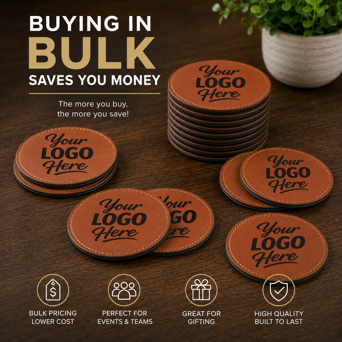 Custom brown round leatherette coasters – Bulk Page Info