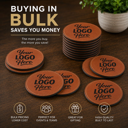 Custom brown round leatherette coasters – Bulk Page Info