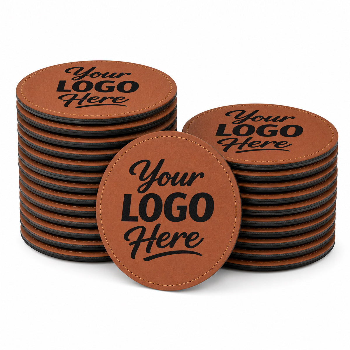 Custom brown round leatherette coasters – Bulk WB