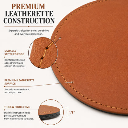 Custom brown round leatherette coasters – Close up