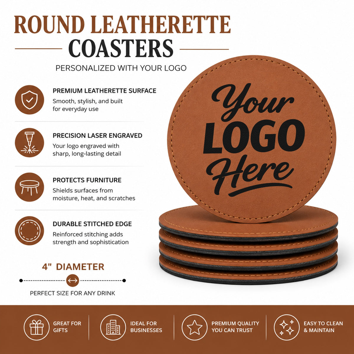 Custom brown round leatherette coasters – Info Page