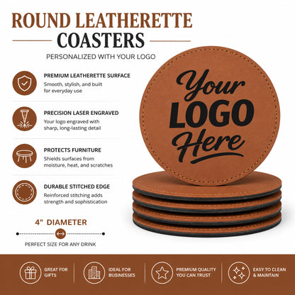 Custom brown round leatherette coasters – Info Page