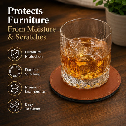 Custom brown round leatherette coasters – Info Page 2