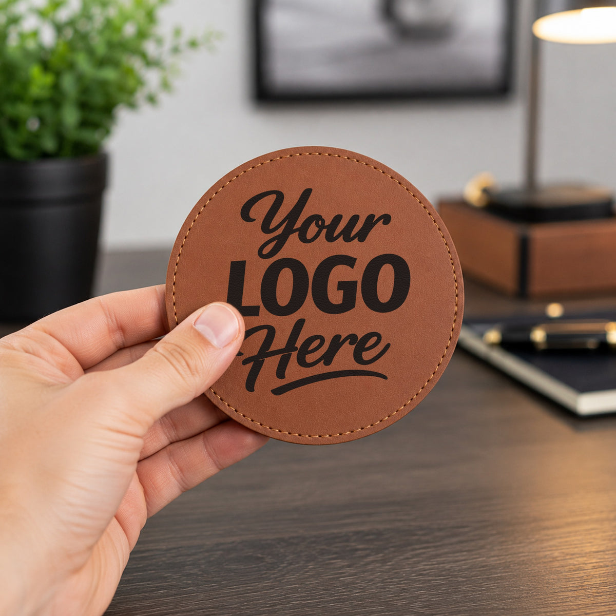 Custom brown round leatherette coasters – Lifestyle 1