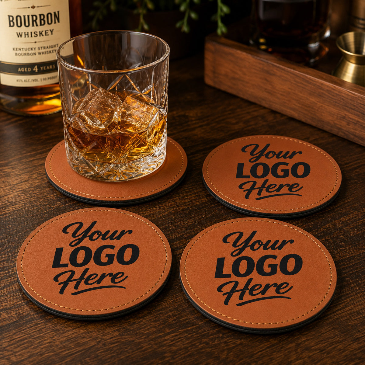 Custom brown round leatherette coasters – Lifestyle 2