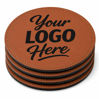 Brown round leatherette coasters with custom logo, set of four