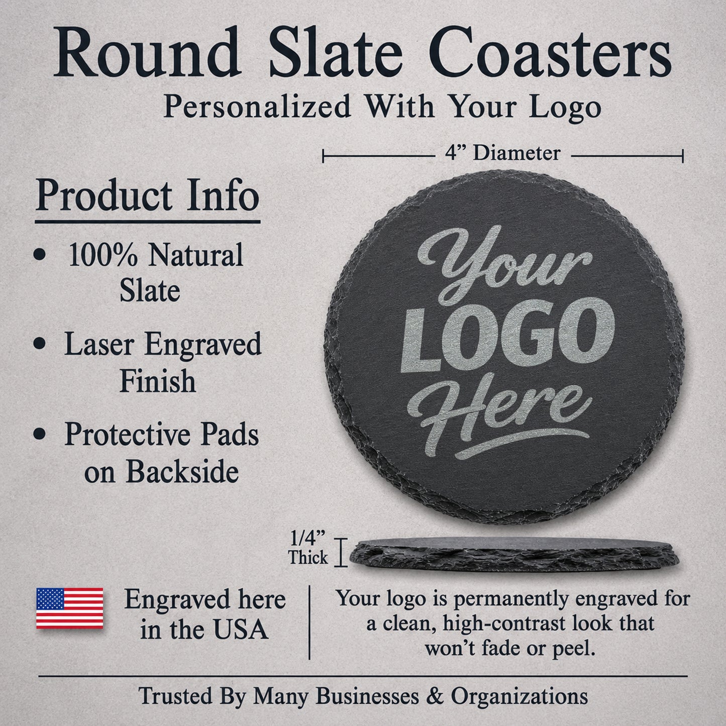 Custom Round Slate Coasters With Company Logo – Laser Engraved