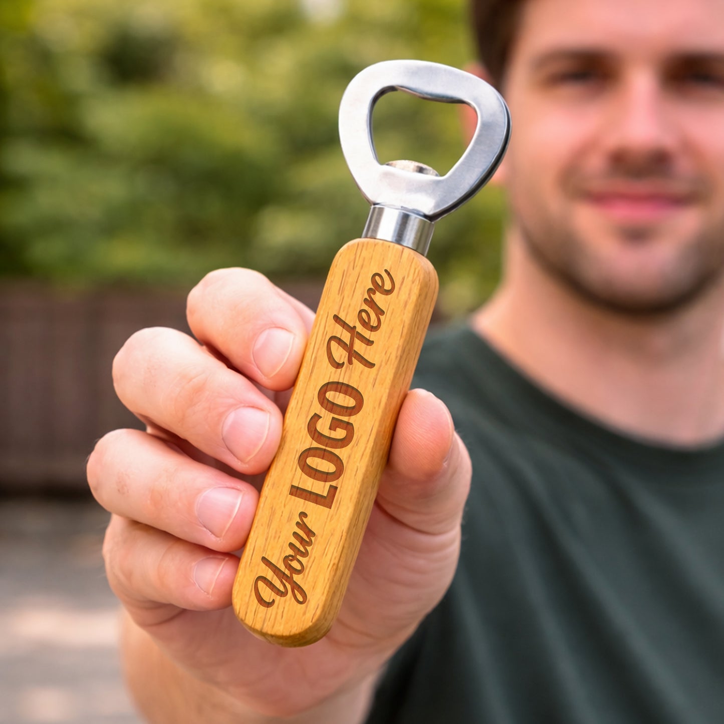 Laser engraved wood bottle opener with company logo in use