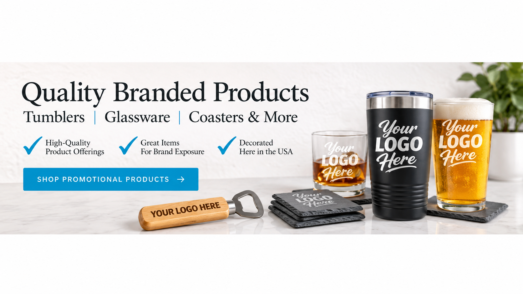 Custom logo promotional products including tumbler, glassware, slate coasters and bottle opener