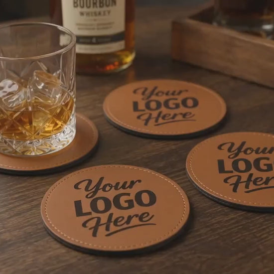 Custom logo brown round leatherette coasters
