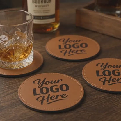 Custom logo brown round leatherette coasters